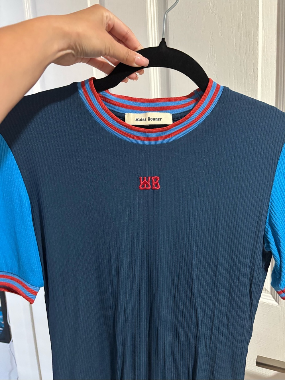 Wales Bonner Navy Tee with Blue Sleeves and Red Trim